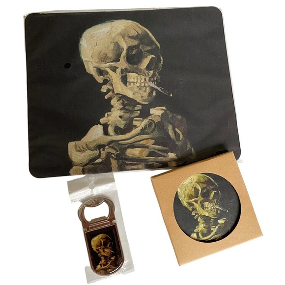 Van Gogh Smoking Skeleton Desk Set Mouse Pad Coaster Magnetic Bottle Opener NEW - Picture 1 of 9
